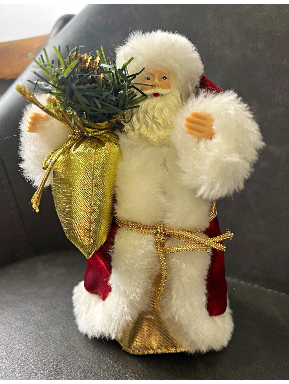 Vintage Santa Christmas Figurine, Tree Topper Holding Gold Sack